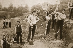 Conscientious Objectors usefully employed: Men of the N.C.C. on a military road, illustration from 
